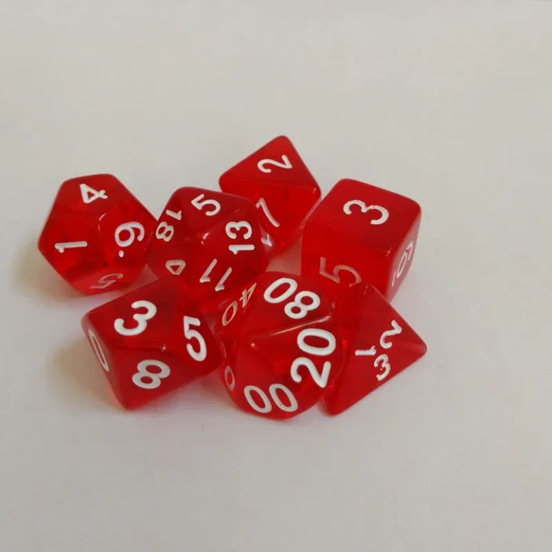 Kit 7 Dados Translúcido Vermelho c/ Números Brancos Kit 7 Dados Translúcido Vermelho c/ Números Brancos
