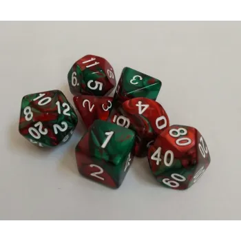 Kit 7 Dados Marmorizados Verde/Vermelho c/ Números Brancos