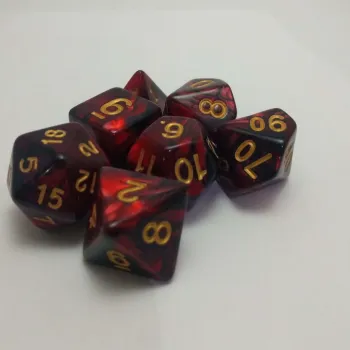 Kit 7 Dados Marmorizados Vermelho/Preto c/ Números Dourados