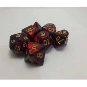 Kit 7 Dados Marmorizados Vermelho/Preto c/ Números Dourados