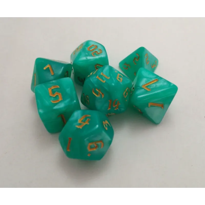 Kit 7 Dados Marmorizados Light Verde c/ Números Dourados Kit 7 Dados Marmorizados Light Verde c/ Números Dourados