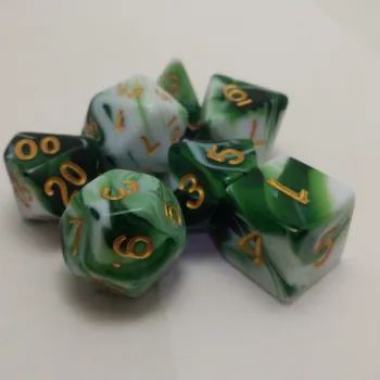 Kit 7 Dados Marmorizados Malhado Verde c/ Números Dourados