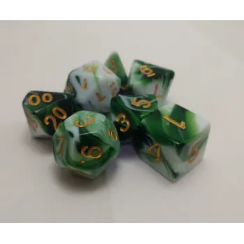 Kit 7 Dados Marmorizados Malhado Verde c/ Números Dourados