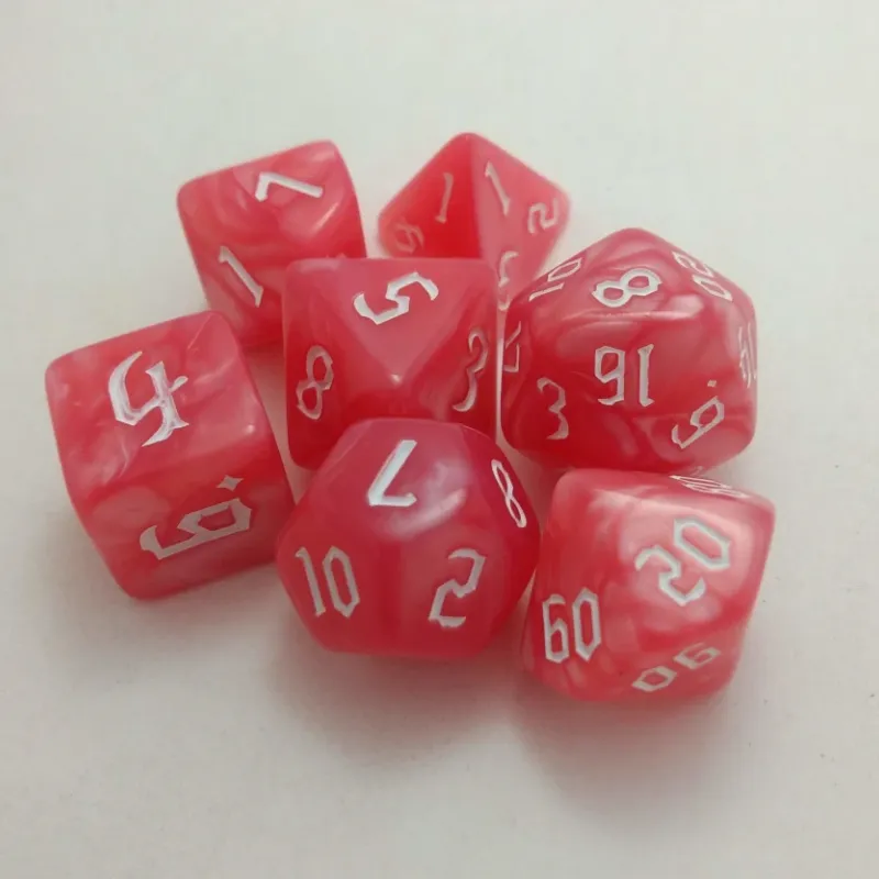 Kit 7 Dados Marmorizados Light Vermelho c/ Números Brancos