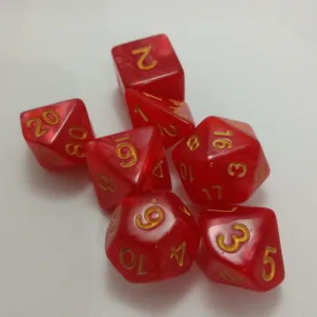 Kit 7 Dados Perolado Vermelho c/ Números Dourados
