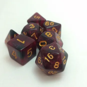 Kit 7 Dados Glitter Marmorizado Vermelho/Preto c/ Números Dourados