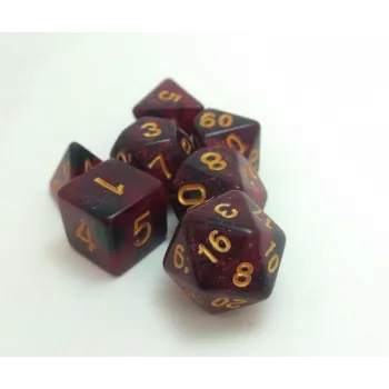 Kit 7 Dados Glitter Marmorizado Vermelho/Preto c/ Números Dourados