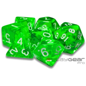 Kit 7 Dados Translúcido Verde c/ Números Brancos