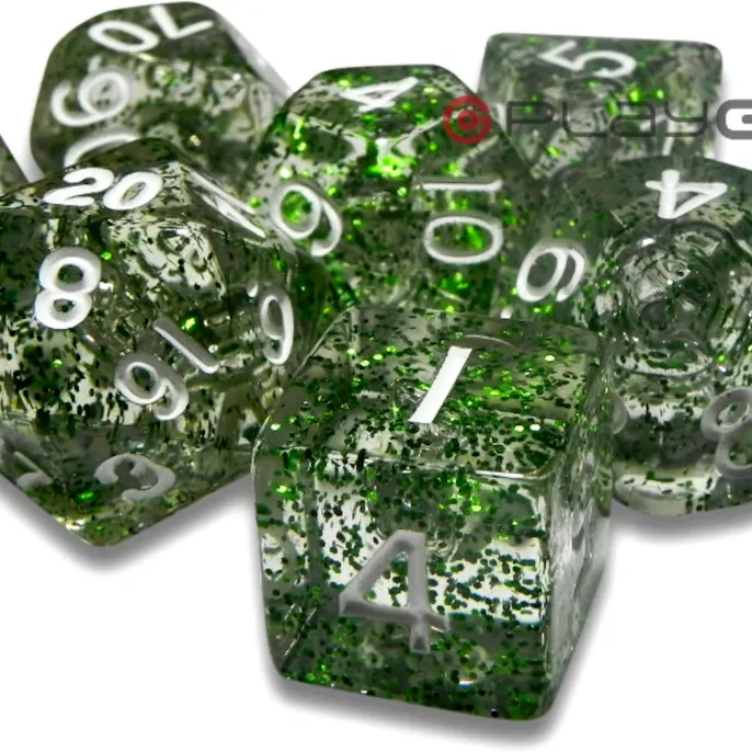 Kit 7 Dados Perolado Verde c/ Números Dourados