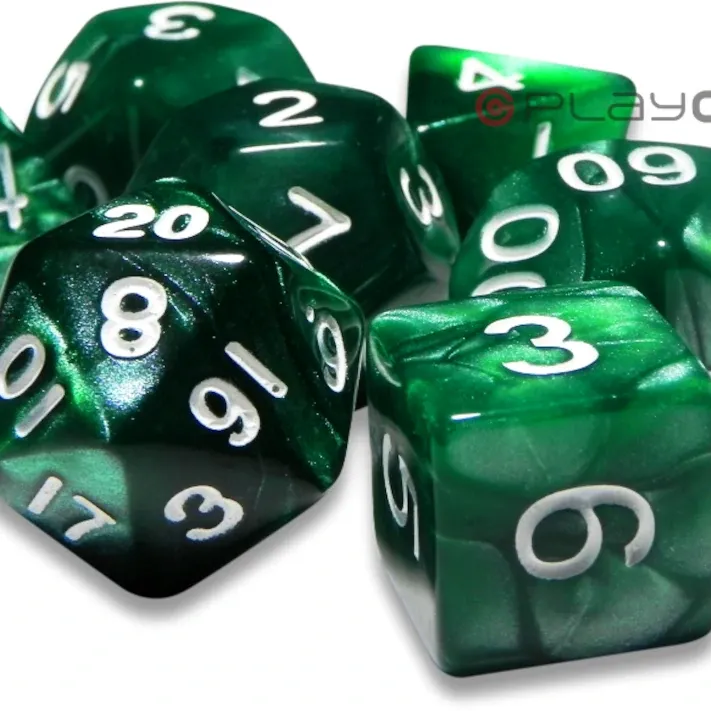 Kit 7 Dados Perolado Verde c/ Números Dourados