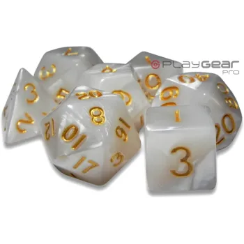 Kit 7 Dados Perolado Branco c/ Números Dourados