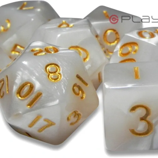 Kit 7 Dados Perolado Branco c/ Números Dourados Kit 7 Dados Perolado Branco c/ Números Dourados