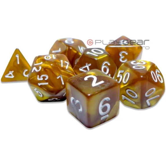 Kit 7 Dados Perolado Marrom c/ Números Brancos