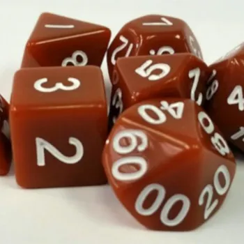 Kit 7 Dados Opaco Marrom c/ Números Brancos