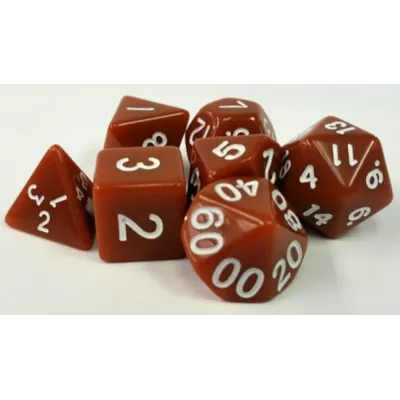 Kit 7 Dados Perolado Marrom c/ Números Brancos