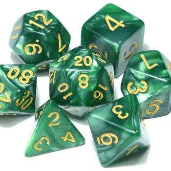 Kit 7 Dados Perolado Verde c/ Números Dourados