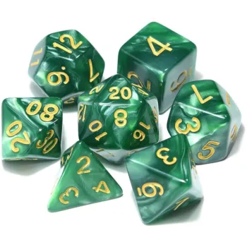 Kit 7 Dados Perolado Verde c/ Números Dourados
